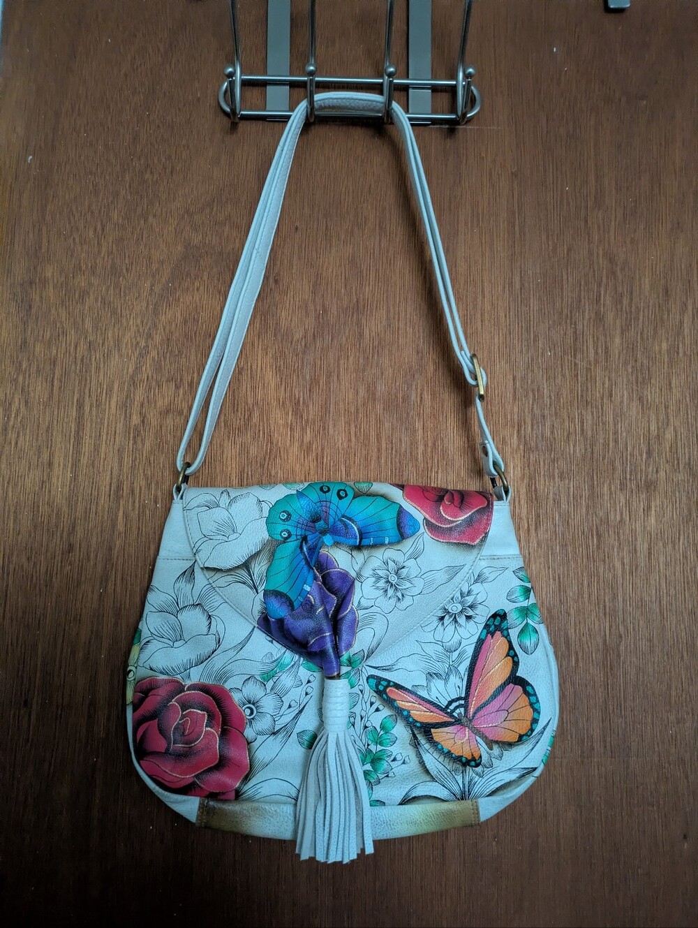 Anuschka Leather Handbag.  Floral & Butterfly Design.  Hand Painted. Like New.